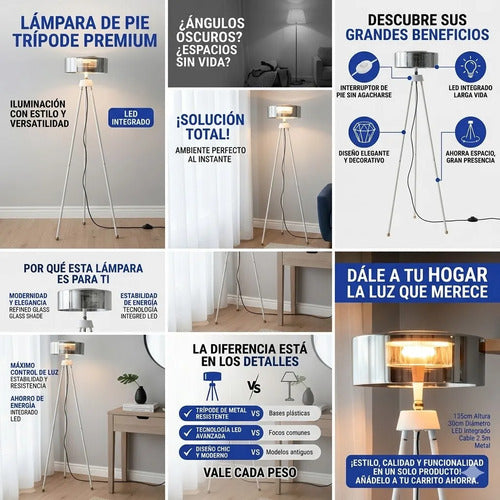Lamparas Tripodes Pie Pantalla Cristal Led Integrado 135 Cms Negro Blanco