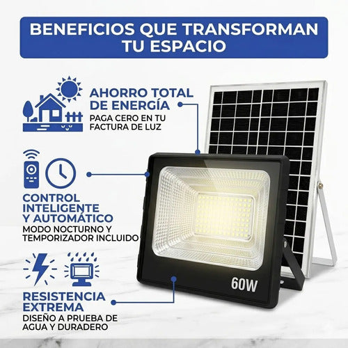Pack X2 Foco Solar Reflector Led Exterior 60w Con Control Negro Blanco Frío