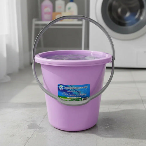 Balde Multiuso Plástico Tapa Asa Manija 29x30cm Baño Jardín Lila