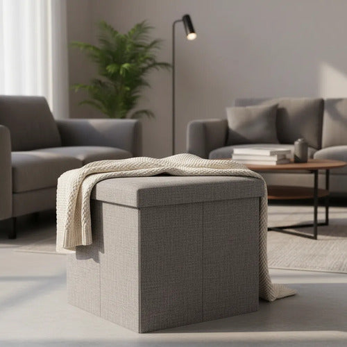 Puff Organizador Baul Taburete Plegable Tapa Acolchada 38cm Gris Liso