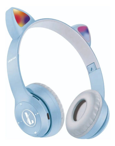 Auricular Orejas Gato Vincha Bluetooth Tf Micrófono Infantil Celeste