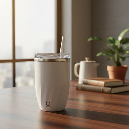 Vaso Taza Revolvedora Mezclador Automatico Usb Recargable Blanco Liso Moderno Con Tapa Transparente