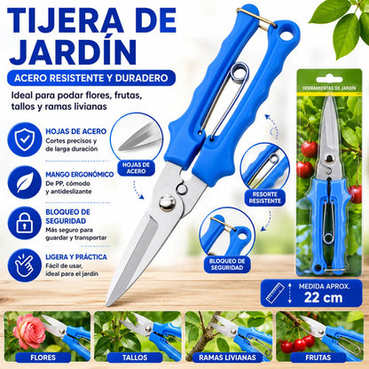 Tijera Manual Para Jardín Acero 22cm Con Bloqueo Flores Azul