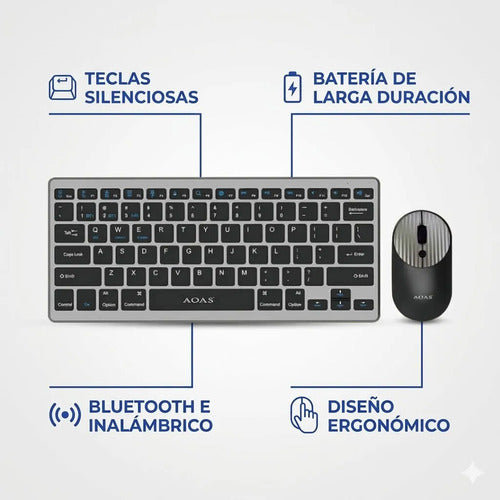 Combo Teclado Mouse Inalambrico Bluetooth Pc Windows Mac Os Plateado Negro