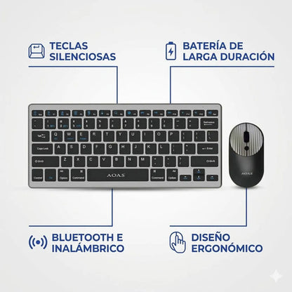 Combo Teclado Mouse Inalambrico Bluetooth Pc Windows Mac Os Plateado Negro