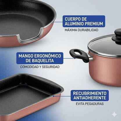 Juego Olla Sarten Diez Pieza Bateria Cocina Hogar Resistente Rosa