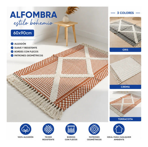 Alfombra Bohemia Algodón Decorativa 60x90 Geométrica Boho 90 Cm 60 Cm Gris