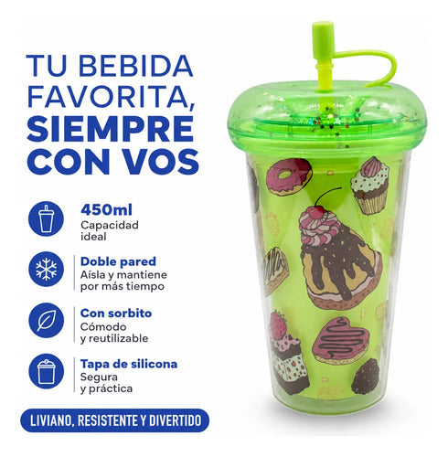 Vaso Acrílico Doble Pared Tapa Silicona Sorbito 450ml Verde