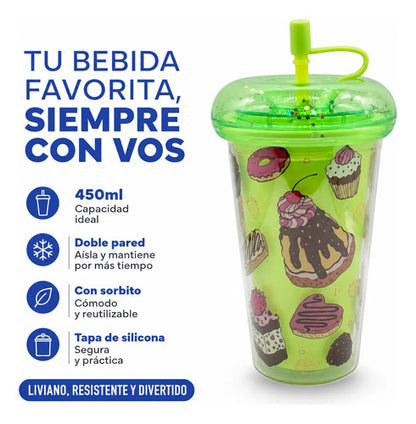 Vaso Acrílico Doble Pared Tapa Silicona Sorbito 450ml Verde