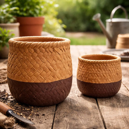 Maceta Cerámica Decorativa Labrada Diseño Yute 13cm Rústica Beige Con Marrón
