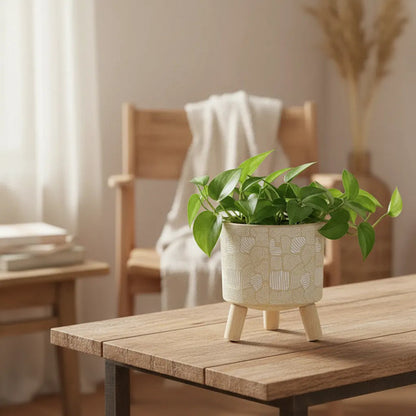Maceta Decorativa De Ceramica Con Patas De Madera 14x12cm Beige