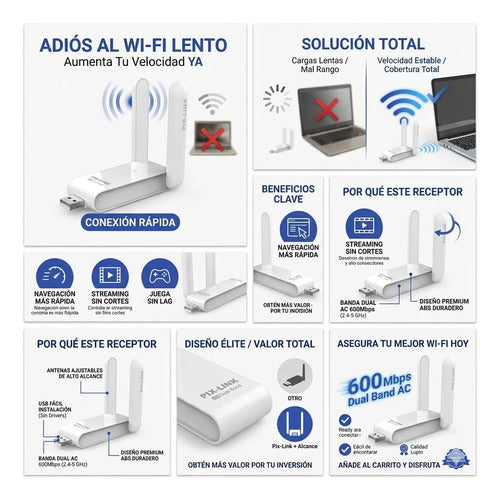 Adaptador Receptor Red Wifi Usb Inalambrico 600 Mbps Pc Mac