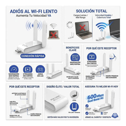 Adaptador Receptor Red Wifi Usb Inalambrico 600 Mbps Pc Mac