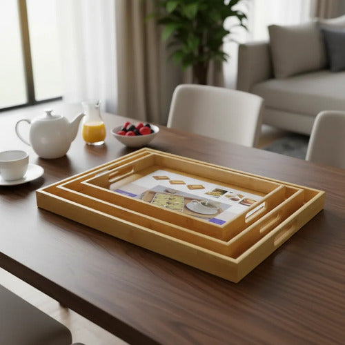 Set Kit Pack X3 Bandejas Madera Rectangulares Cocina Hogar Natural / Madera