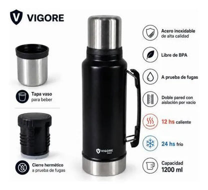 Termo Acero Inoxidable Doble 1200ml Hermético Asa Plegable Negro