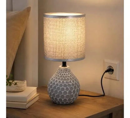 Lámpara Mesa Cerámica Texturizada E27 26cm Velador Pantalla Gris