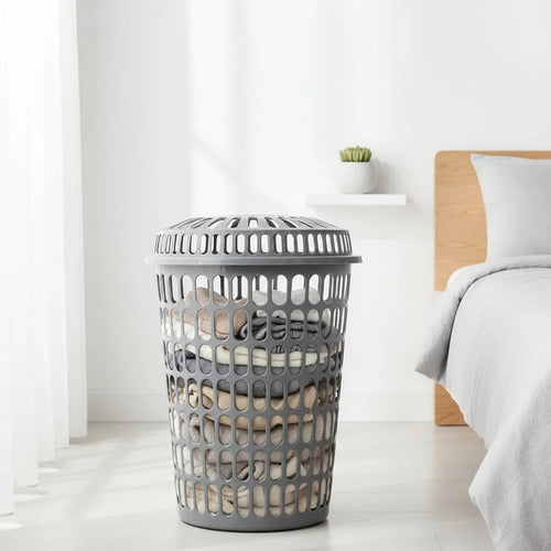 Canasto Cesto Ropa Tapa Plástico Calado Redondo Resistente Gris