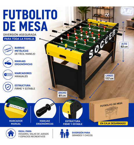 Futbolito Mesa 117x61x82cm Barras Metálicas Marcador Manual Negro Y Amarillo