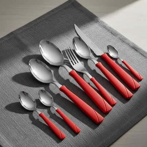 Juego De Cubiertos Acero Inoxidable 24 Piezas Mango Plástico Rojo