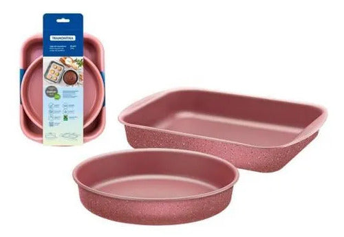 Set Juego Asaderas Antiadherentes 2 Piezas Horno Rectangular Rosa