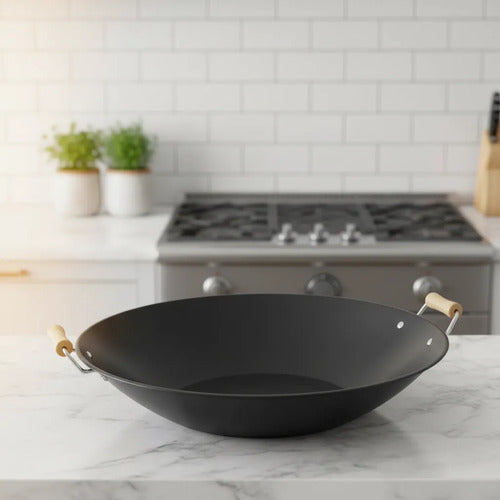 Sarten Wok Antiadherente 43cm Acero Carbono Asas Madera Negro