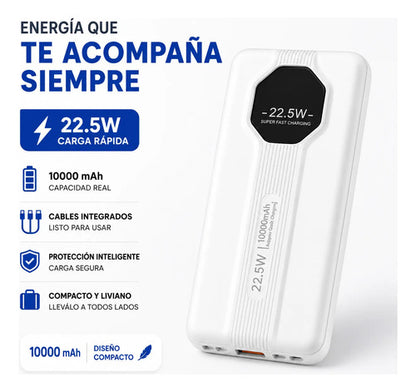 Power Bank 10000mah 22.5w Cables Integrados Carga Rápida Blanco