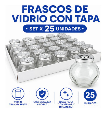 Frascos Vidrio Tapa Set Pack X25 Cocina Souvenirs Metalica Plateado