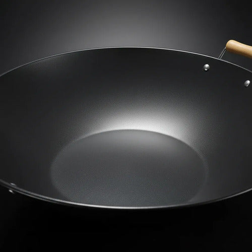 Sartén Wok Antiadherente Acero Carbono Cocina Asas Madera Negro