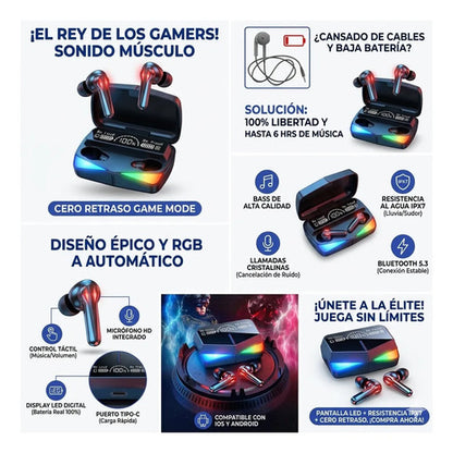 Auriculares Inalambricos Bluetooth 5.3 Rgb Gamer Ios Android Negro