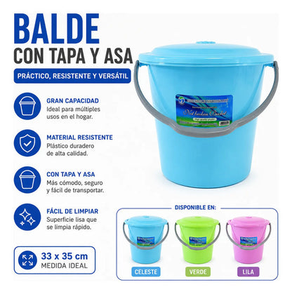Balde Multiuso Plástico Con Tapa Y Asa 33x35 Cm Hogar Lila