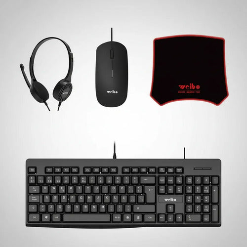 Combo Kit Oficina Teclado Mouse Auricular Mousepad Cableado Negro