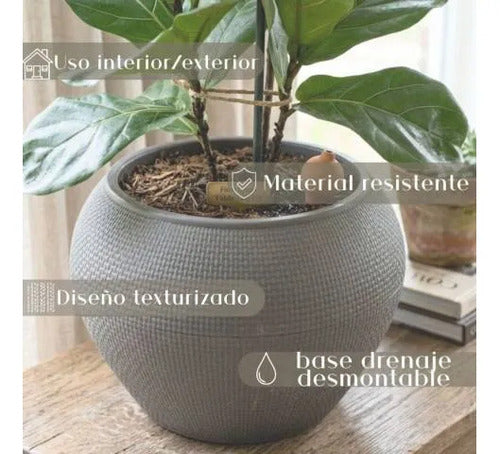Maceta Plástica Decorativa Texturada Redonda Drenaje 18x24cm Gris