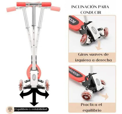 Monopatín Scooter Plegable 3 Ruedas Altura Regulable 45kg Rojo