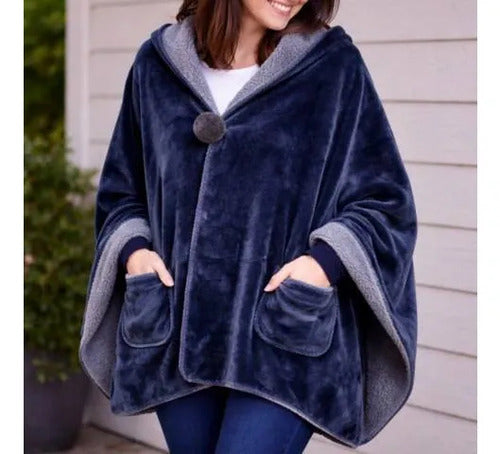 Poncho Manta Corderito Bolsillo 170x65cm Abrigo Frio 450gr Azul Liso U