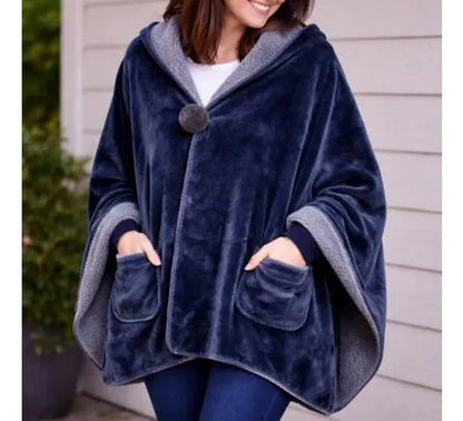 Poncho Manta Corderito Bolsillo 170x65cm Abrigo Frio 450gr Azul Liso U