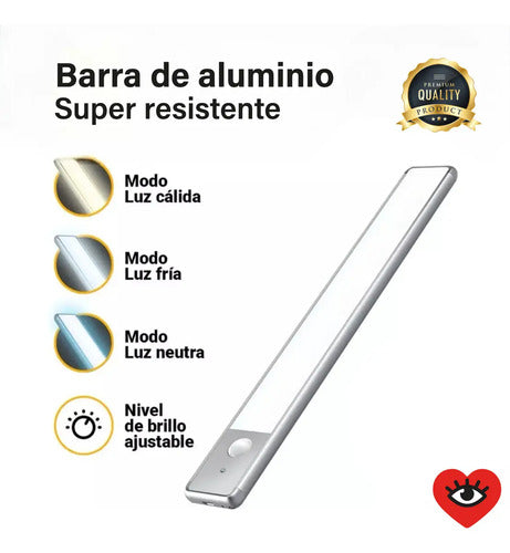 Barra Luz Led 60 Cm Aluminio Usb Recargable Con Sensor De Movimiento Bajo Alacena Cocina Veoquiero Blanco Frío