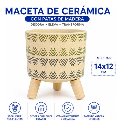 Maceta Ceramica Patas Madera 14x12cm Decorativa Hogar Planta Beige