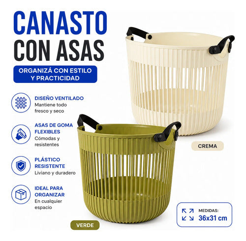 Canasto Cesto Organizador Plastico Multiuso Asas Flexibles Crema