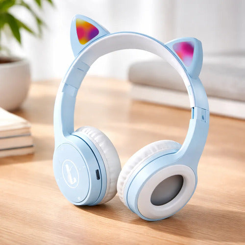 Auricular Orejas Gato Vincha Bluetooth Tf Micrófono Infantil Celeste