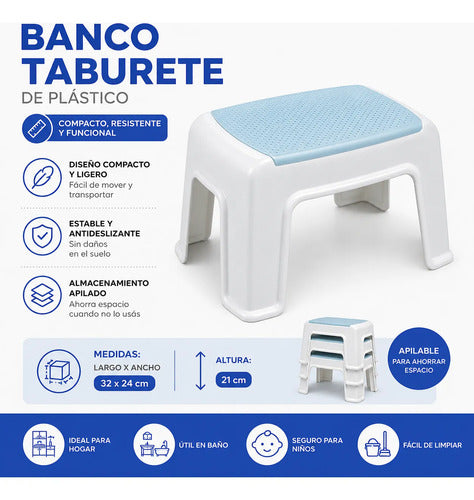 Banco Taburete Plástico Antideslizante Apilable Compacto Blanco Celeste