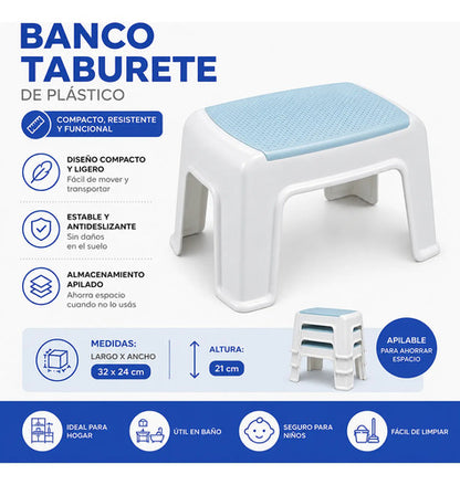 Banco Taburete Plástico Antideslizante Apilable Compacto Blanco Celeste