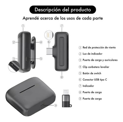 Microfono Corbatero Doble Periodista Inalambrico Caja Carga Color Negro