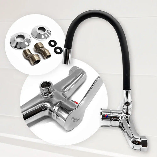 Monocomando Flexible 20cm Pico Negro Cocina Pared Mesada