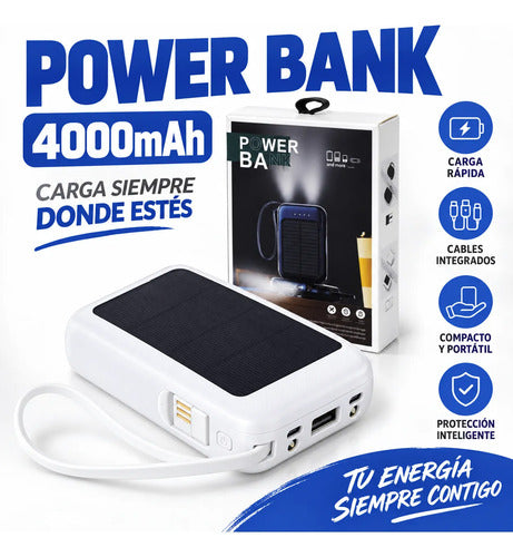 Power Bank 4000mah Cables Integrados Panel Solar Cargador Blanco