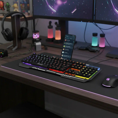 Teclado Gamer Metalico Con Cable 1.5m Y Soporte Para Celular Negro