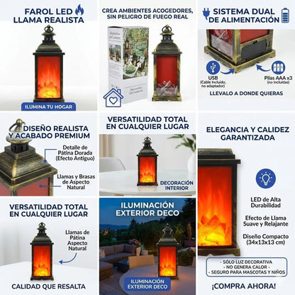 Lampara Farol Led Efecto Llama Usb Pilas Camping Decorativa Negro