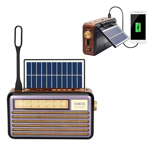 Radio Recargable Panel Solar Retro Am/fm Portatil Bluetooth Marrón
