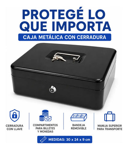Caja Seguridad Metálica 30x24x9cm Llave Bandeja Removible Negro