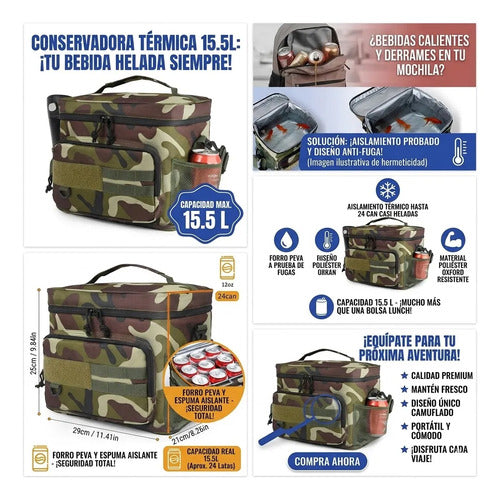 Bolso Conservadora Termico Impermeable Tactico Oxford 15.5l Verde Militar / Camuflado Camo