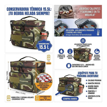 Bolso Conservadora Termico Impermeable Tactico Oxford 15.5l Verde Militar / Camuflado Camo